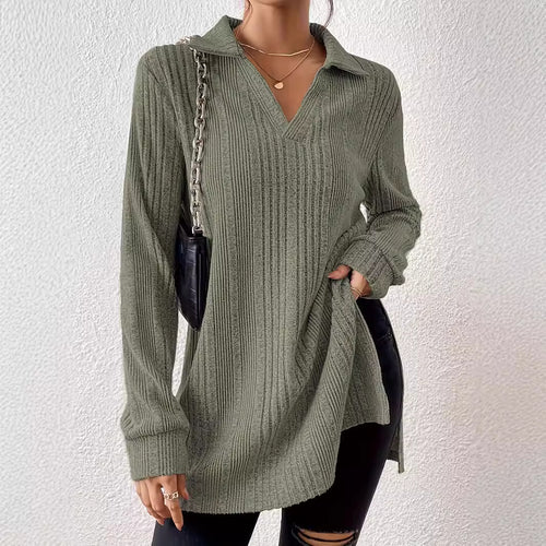 Damen Langarm Shirt mit strukturiertem V-Ausschnitt und schmalen Rippdetails Heidi-Mode