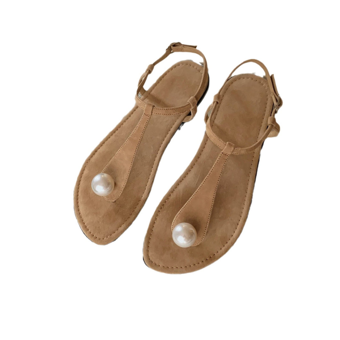 Damen Perlenverzierte T-Strap Flache Sandalen Heidi-Mode