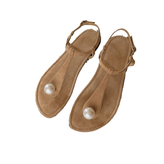 Damen Perlenverzierte T-Strap Flache Sandalen Heidi-Mode