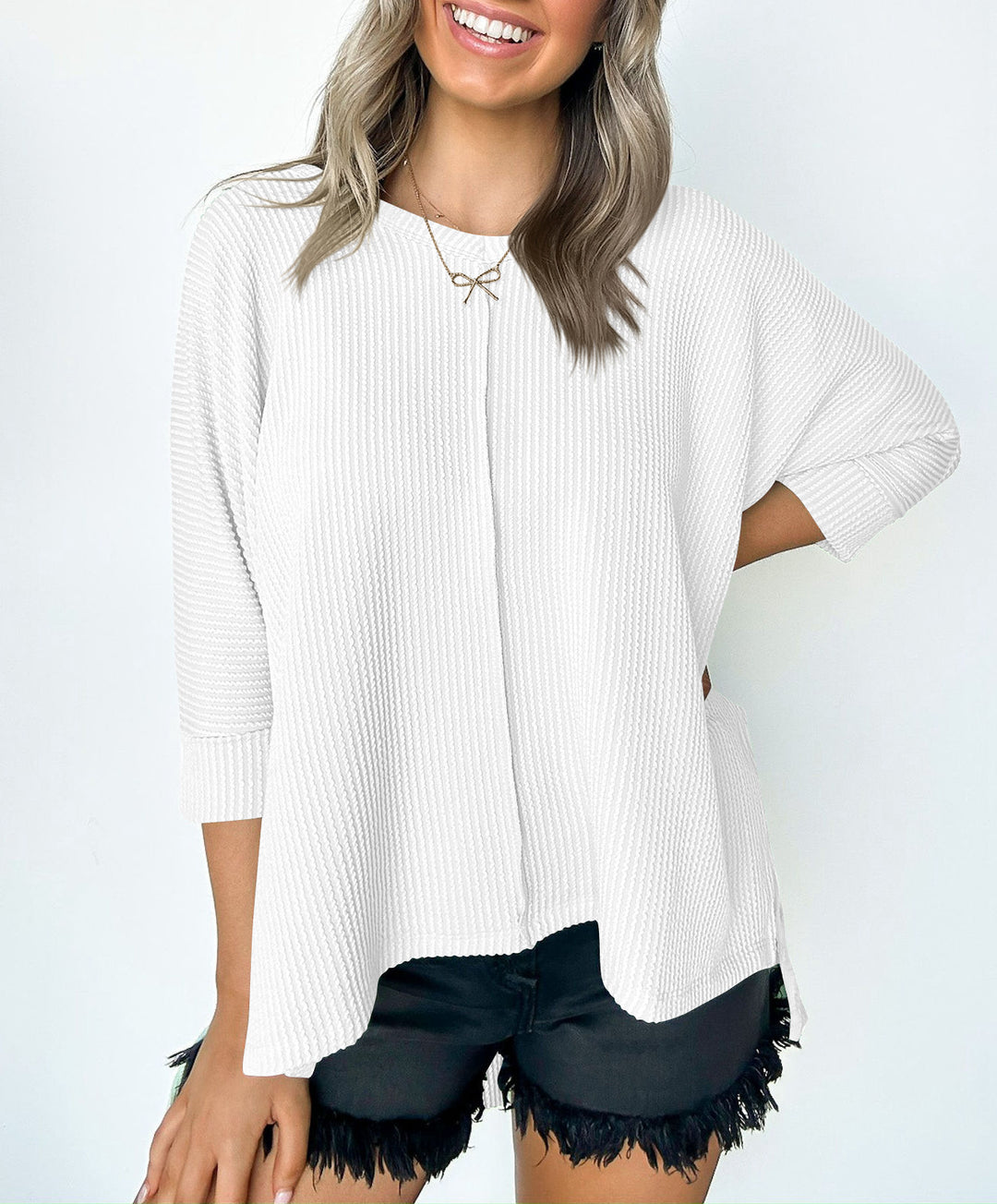 Damen lässiges V-Neck Oberteil mit strukturiertem Design und lockerer Passform Heidi-Mode