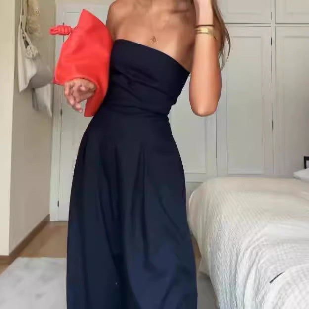 Damen trägerloser Jumpsuit mit weitem Bein und seitlichen Taschen Heidi-Mode