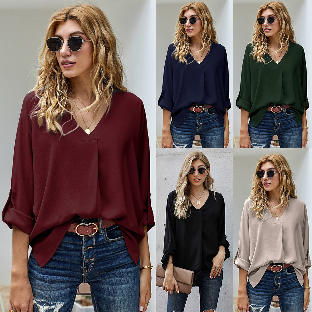 Damen Bluse mit V-Ausschnitt und lässigen langen Ärmeln Heidi-Mode