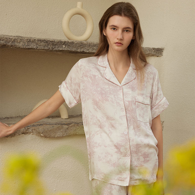 Damen Satin Schlafanzug mit elegantem Druck Heidi-Mode