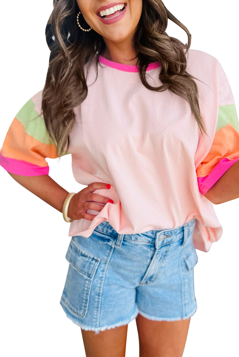Damen lässiges T-Shirt mit farbenfrohen Ärmeln und weitem Schnitt Heidi-Mode