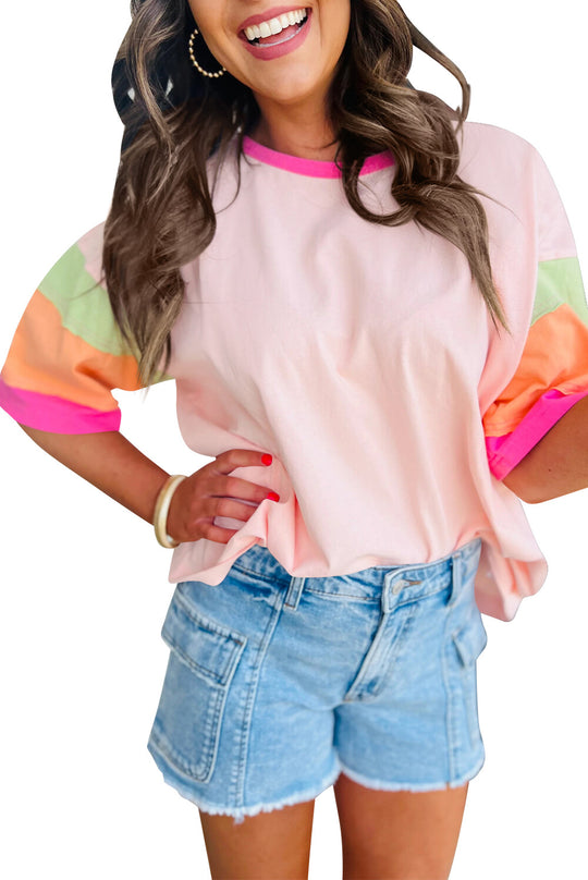 Damen lässiges T-Shirt mit farbenfrohen Ärmeln und weitem Schnitt Heidi-Mode