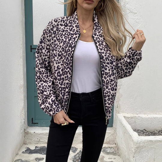 Damen Bomberjacke mit Leopardenmuster und elastischen Bündchen Heidi-Mode