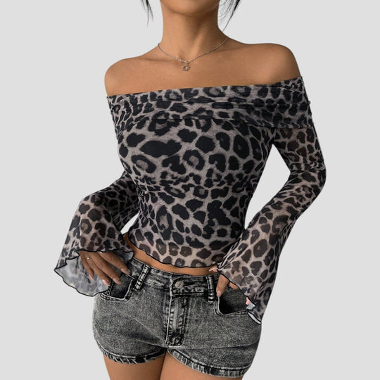 Heidi-Mode | Frauen Off Shoulder Leopardprint Mesh Oberteil Flare Ärmel