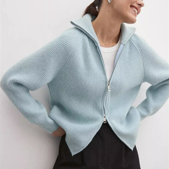 Damen Strickjacke mit hohem Kragen und Reißverschluss Heidi-Mode