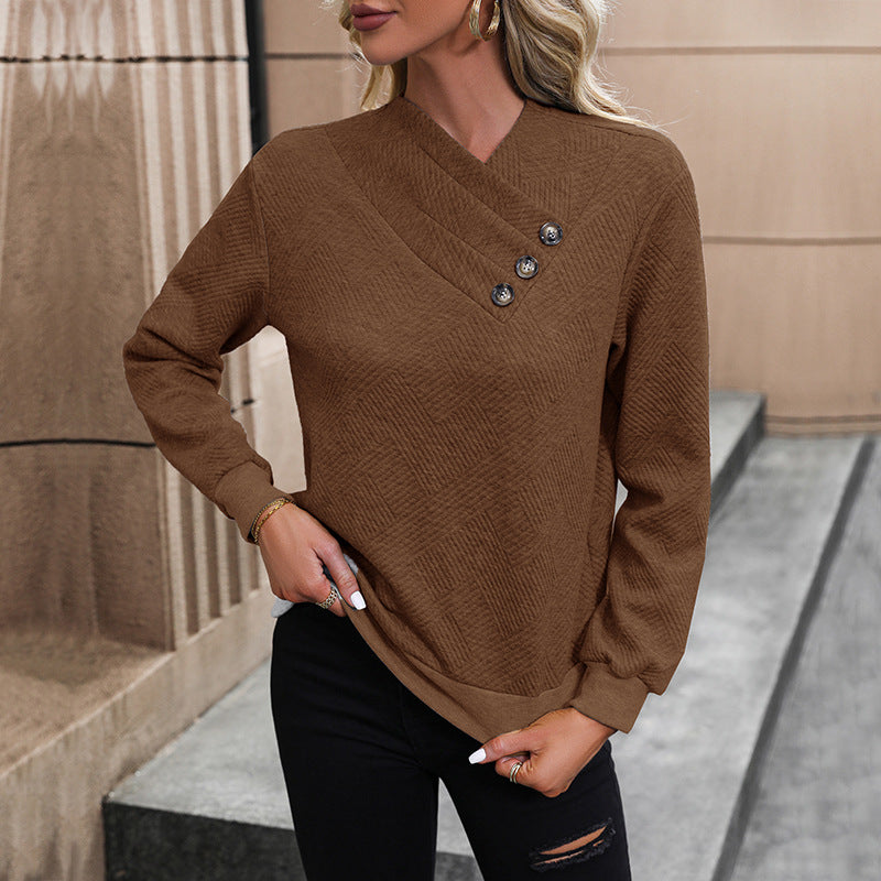 Damen eleganter Pullover mit asymmetrischem Ausschnitt und Knopfdetails Heidi-Mode