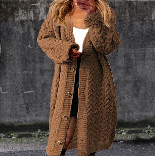 Damen Großer Strickmantel mit dekorativem Knopfverschluss und Zopfmuster Heidi-Mode