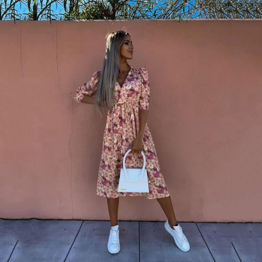 Heidi-Mode | Bedrucktes Taillenbetontes Mid-Ärmel Kleid