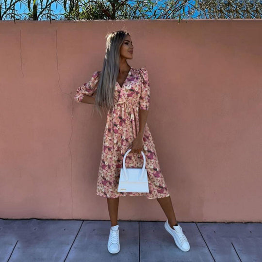Heidi-Mode | Bedrucktes Taillenbetontes Mid-Ärmel Kleid