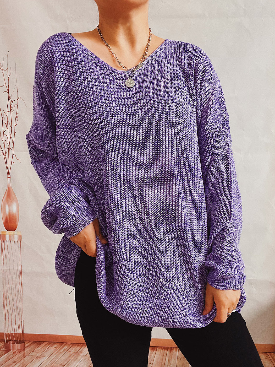 Damen lässiger V-Ausschnitt Pullover mit strukturiertem Strickmuster Heidi-Mode