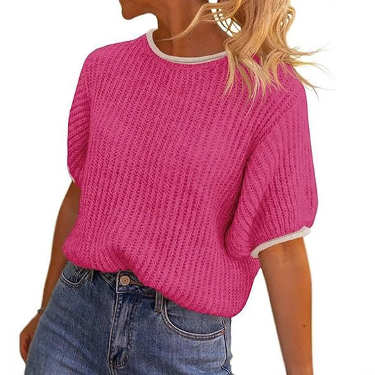 Damen lässiges Ripp-Strickoberteil mit kontrastierenden Abschlüssen Heidi-Mode