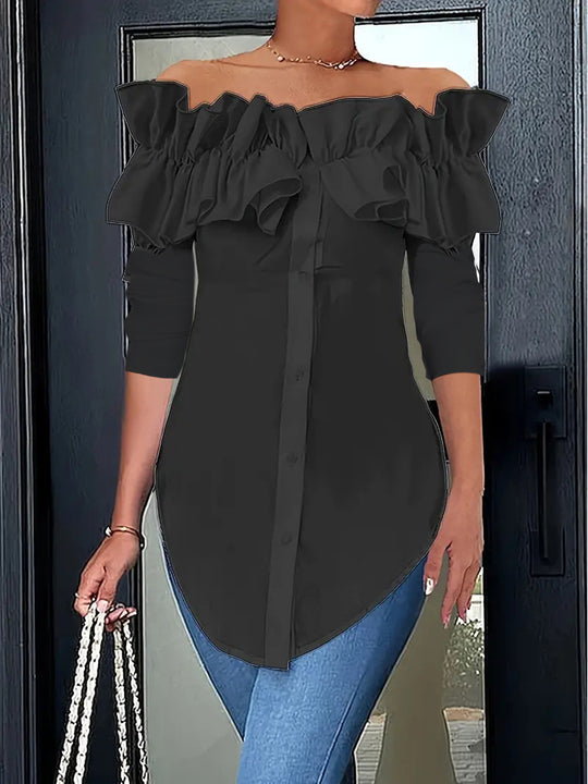 Damen Off-Shoulder Bluse mit Rüschen und Knopfleiste Heidi-Mode