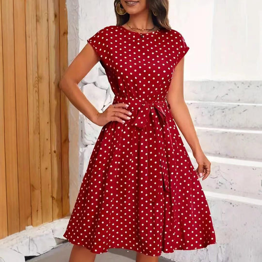 Damen Midikleid mit taillierendem Bindegürtel und verspieltem Polka-Dots Design Heidi-Mode