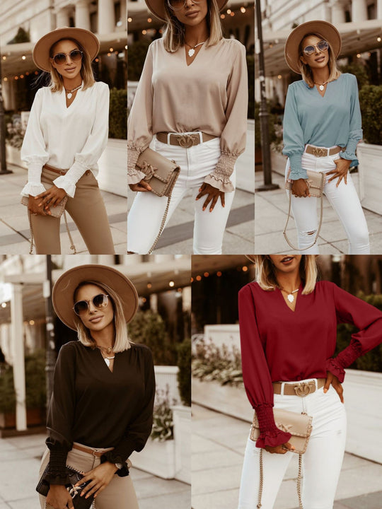 Damen elegante Bluse mit Rüschendetails und V-Ausschnitt Heidi-Mode