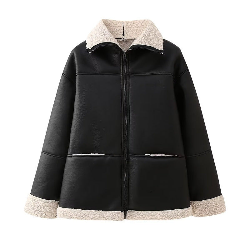 Damen Kunstlederjacke mit gemütlichem Teddyfutter und praktischen Taschen Heidi-Mode