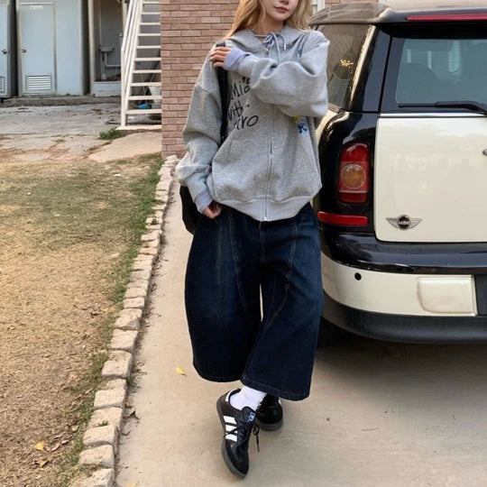 Damen Bequeme Oversized-Freizeitjacke mit Kapuze und Druck Heidi-Mode