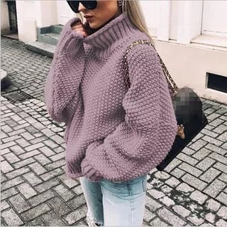 Damen Grobstrick Pullover mit Stehkragen und voluminösen Ärmeln Heidi-Mode