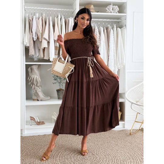Frauen Off-Shoulder Stufenkleid Maxi Heidi-Mode 1751425501