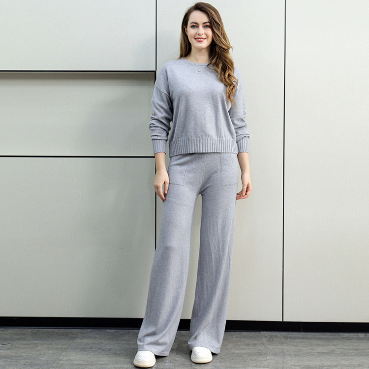 Damen gemütliches Strick-Loungewear-Set mit weitem Schnitt und praktischen Taschen Heidi-Mode
