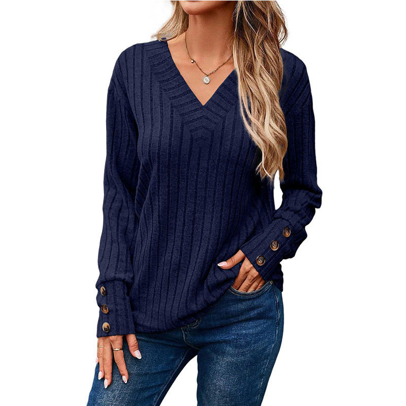 Damen V-Ausschnitt Pullover mit dekorativem Streifenmuster und Knopfdetails Heidi-Mode