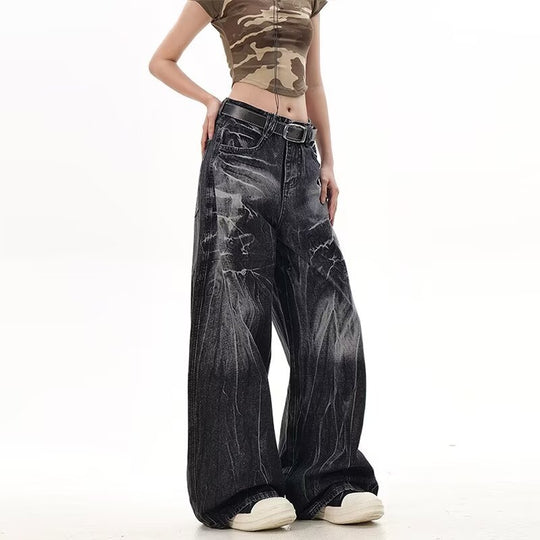 Damen Weite Jeanshose mit modischem Used-Look und hohem Bund Heidi-Mode