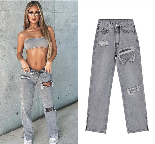 Damen lässige Ripped Jeans mit hoher Taille und modernen Fransen Heidi-Mode
