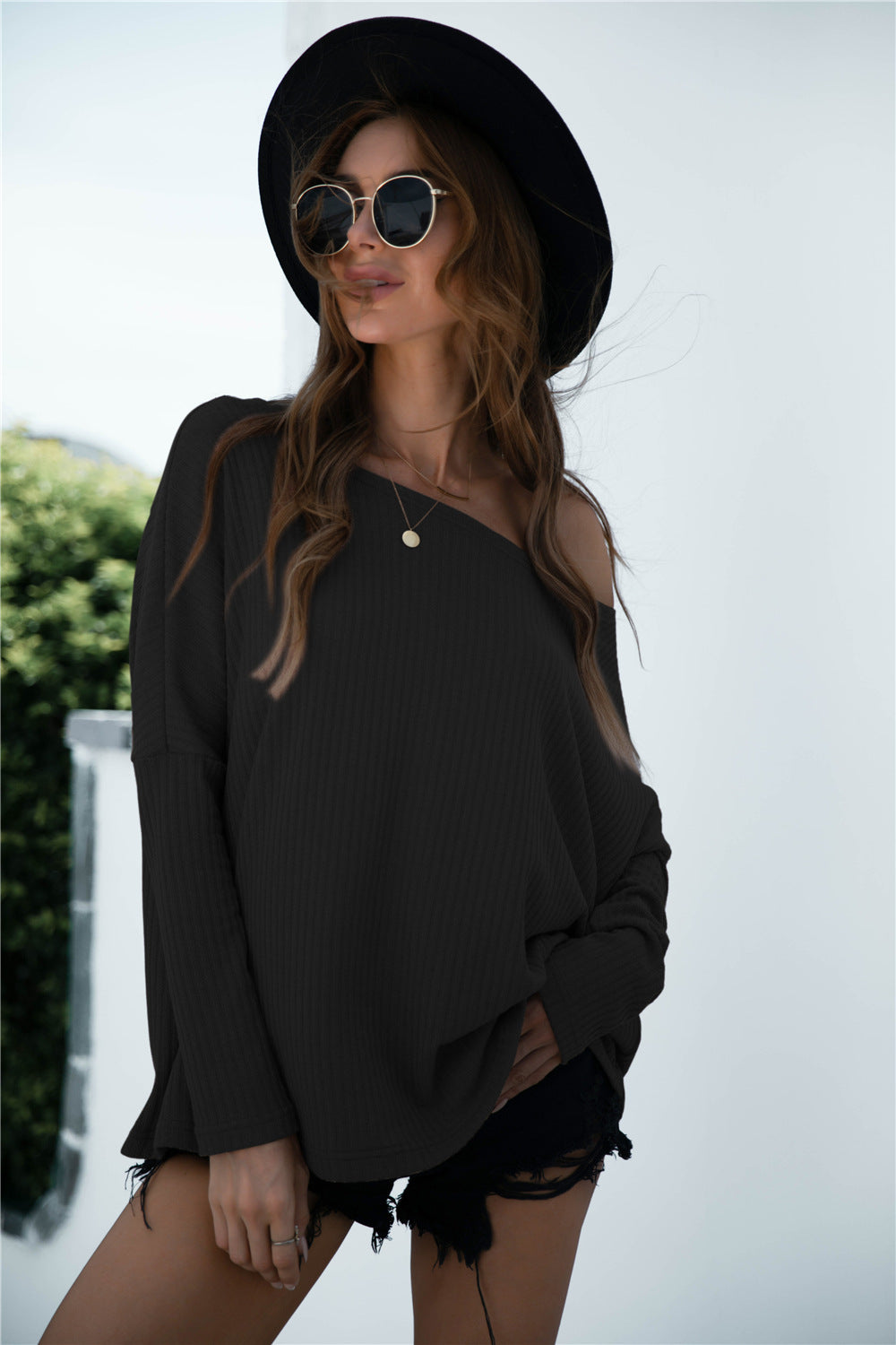 Damen Off-Shoulder Pullover mit langem Arm und strukturiertem Stoff Heidi-Mode