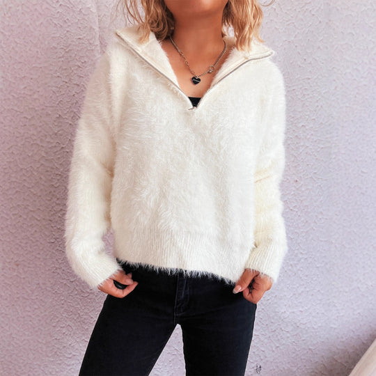 Damen kuscheliger Pullover mit hohem Kragen und Reißverschluss Heidi-Mode