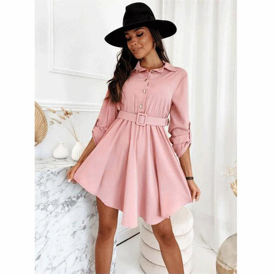 Damen Knielanges Hemdblusenkleid mit Taillengürtel und eleganten Details Heidi-Mode