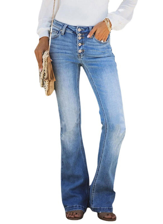 Damen Flared Jeans mit hochgestelltem Bund und Knopfdetails Heidi-Mode