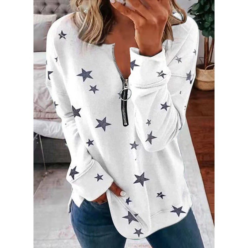 Damen Lässiger Sweatshirt mit Reißverschluss und Sternenmotiv Heidi-Mode