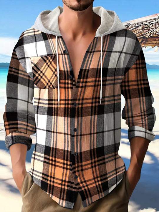 Herren Flanellhemd mit abnehmbarem Kapuzenkragen und kariertem Muster Heidi-Mode