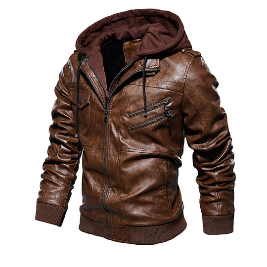 Herren lässige Kunstlederjacke mit abnehmbarer Kapuze und zahlreichen Taschen Heidi-Mode