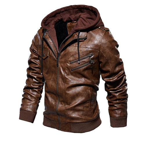 Herren lässige Kunstlederjacke mit abnehmbarer Kapuze und zahlreichen Taschen Heidi-Mode
