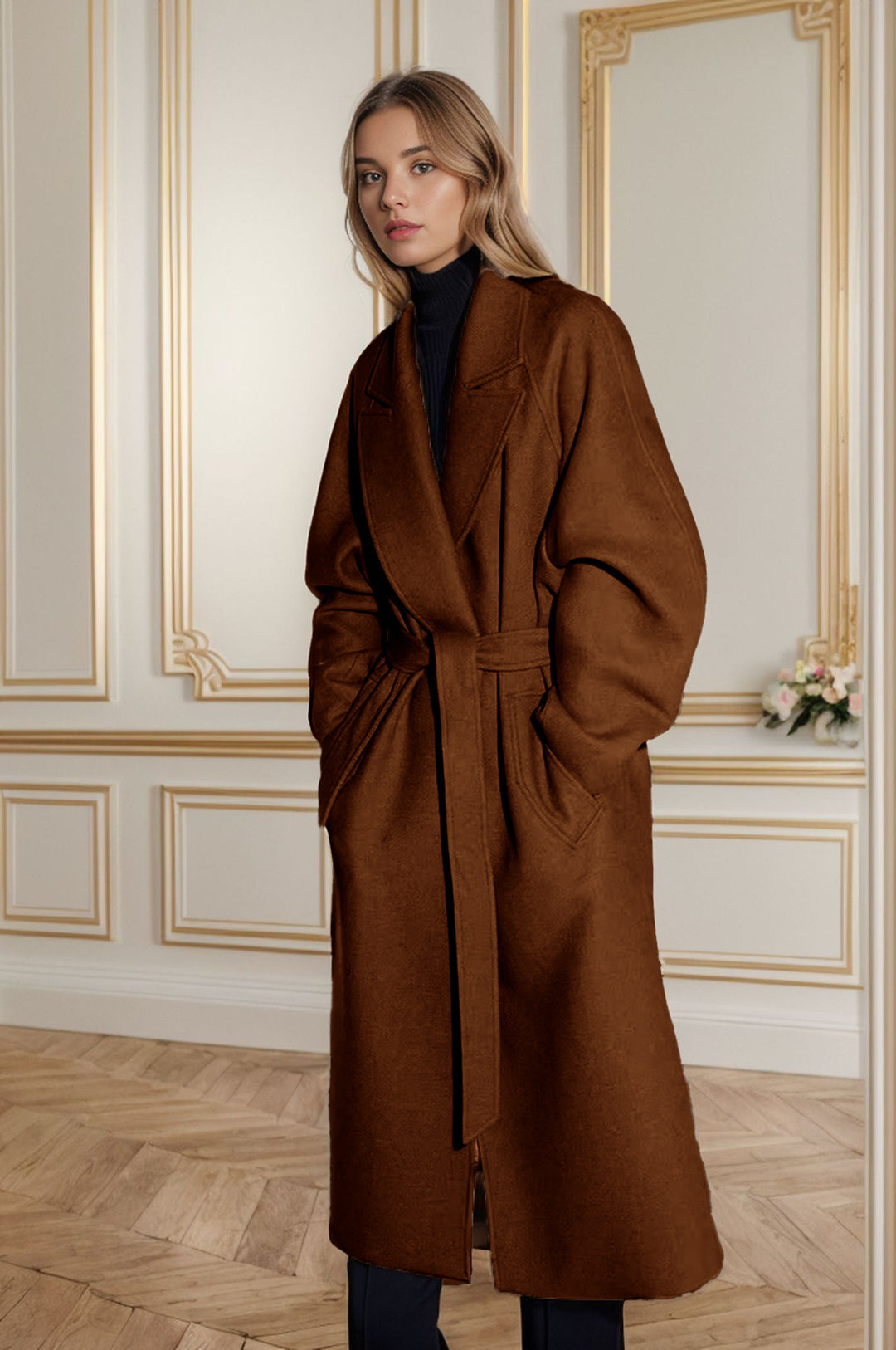 Damen eleganter langer Mantel mit breitem Revers und Gürtel Heidi-Mode