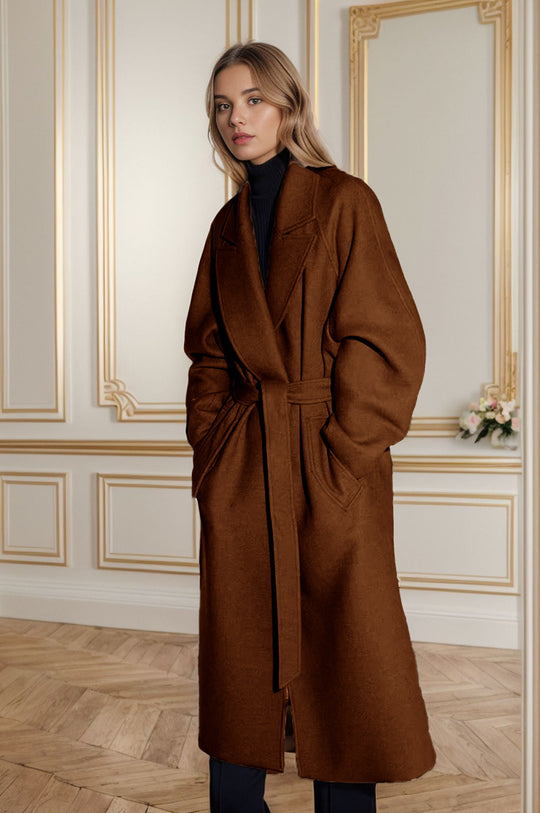 Damen eleganter langer Mantel mit breitem Revers und Gürtel Heidi-Mode