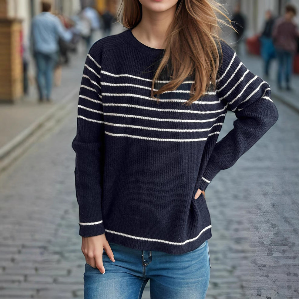 Damen lässiger Pullover mit modischem Streifenmuster und weitem Schnitt Heidi-Mode
