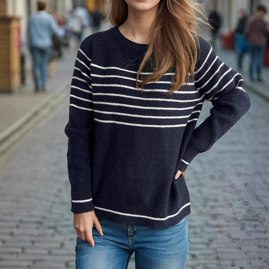 Damen lässiger Pullover mit modischem Streifenmuster und weitem Schnitt Heidi-Mode