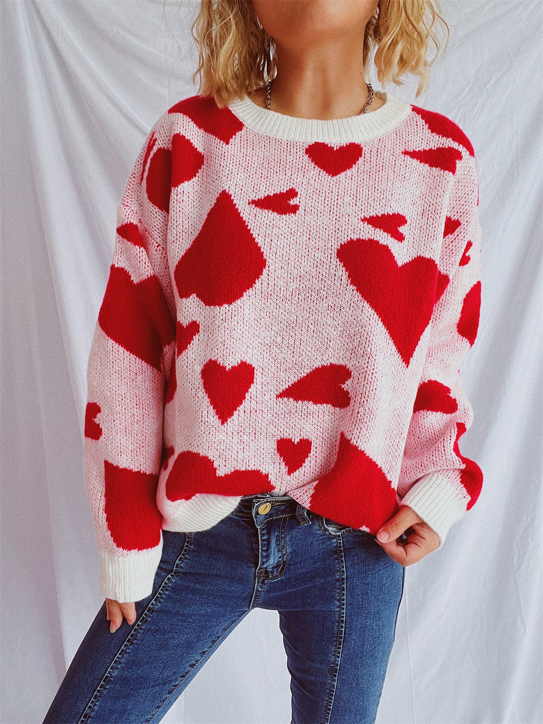 Damen oversized Pullover mit Herzmotiv Heidi-Mode