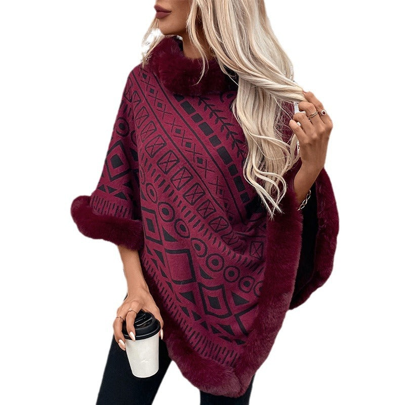 Damen modischer Poncho mit dekorativem Kunstfellkragen Heidi-Mode