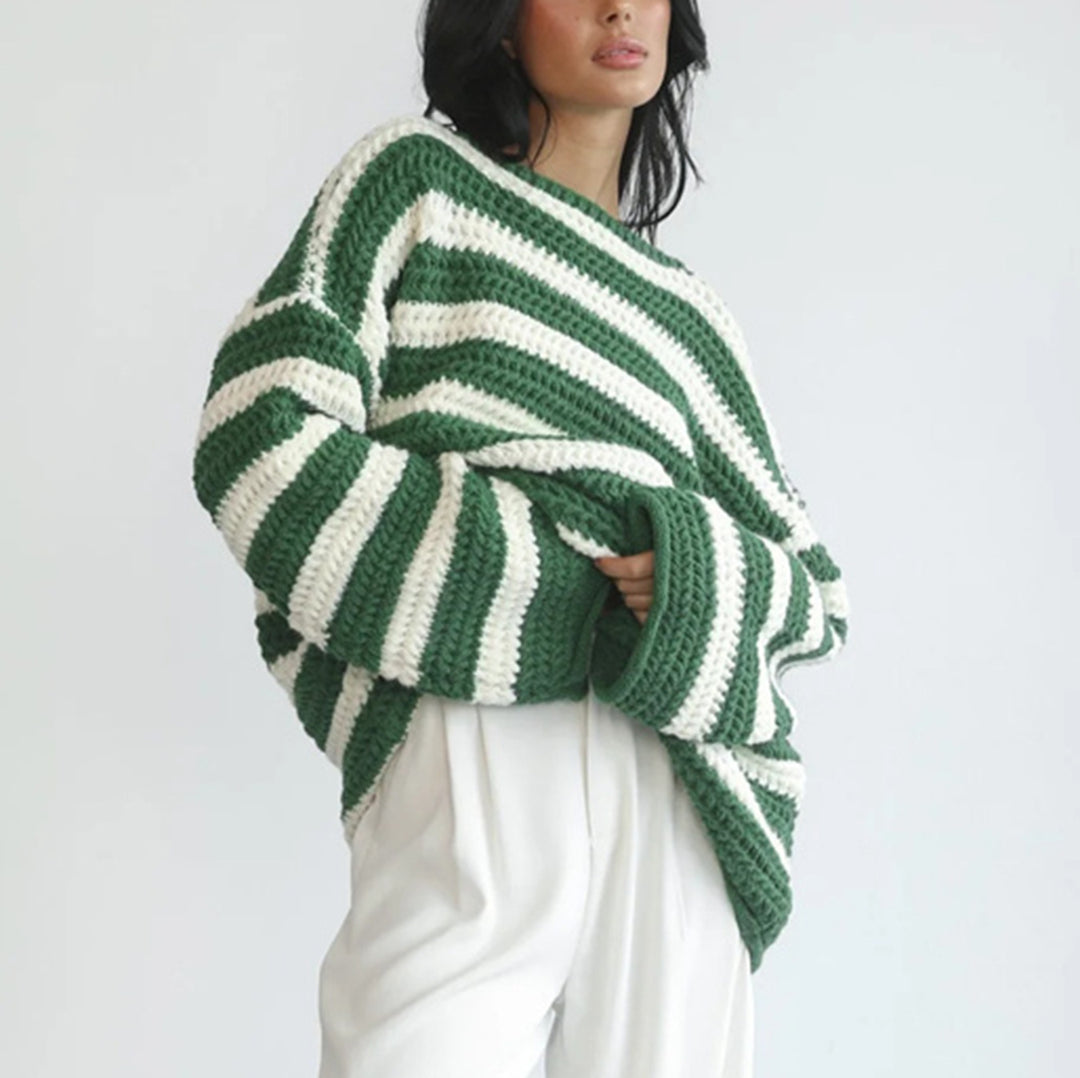 Damen gestreifter Grobstrickpullover mit lässigem Schnitt und weitem Arm Heidi-Mode