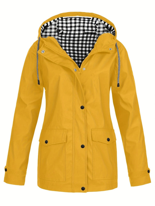 Damen modische Regenjacke mit kontrastierendem Innenfutter und praktischen Taschen Heidi-Mode