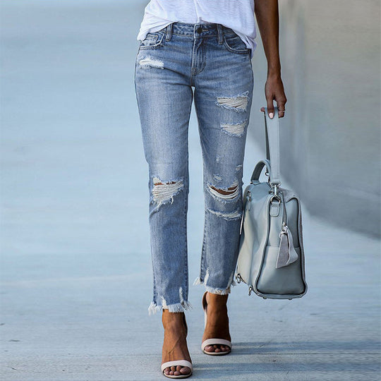 Damen Ripped High-Waist Jeans mit fransigem Saum und modischen Destroyed-Details Heidi-Mode