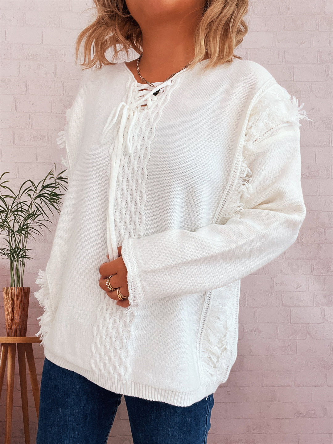 Damen Oversize-Strickpullover mit verspieltem Fransen-Design und Zopfmuster Heidi-Mode
