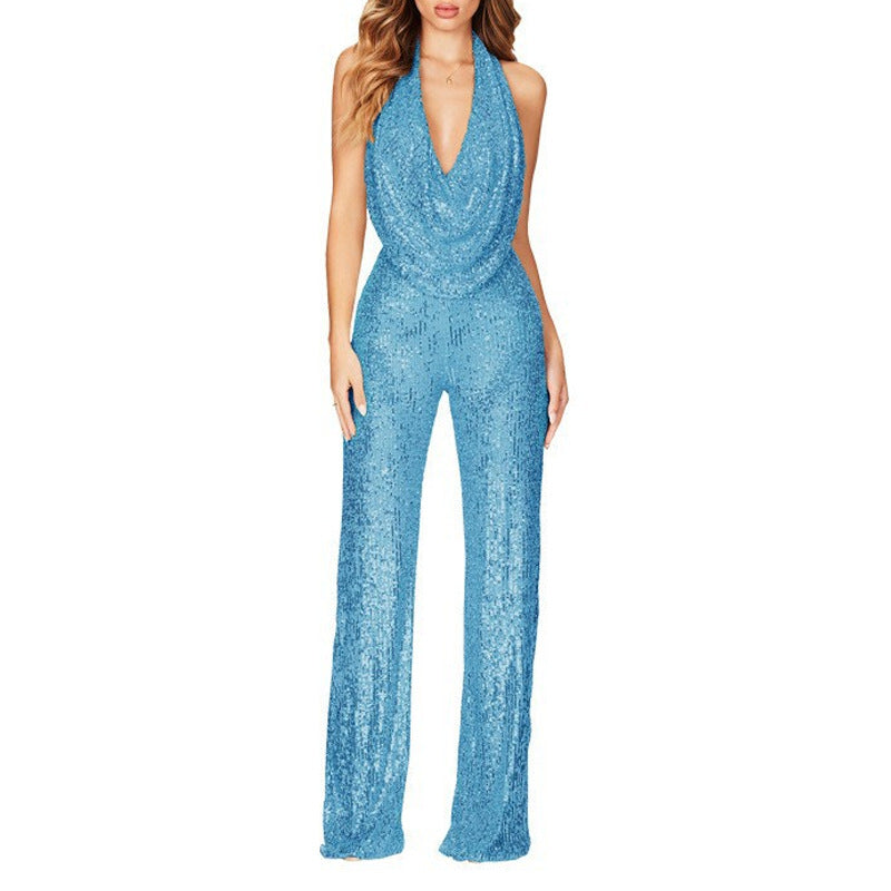 Damen Glitzerndes Jumpsuit mit tiefem V-Ausschnitt und weitem Bein Heidi-Mode