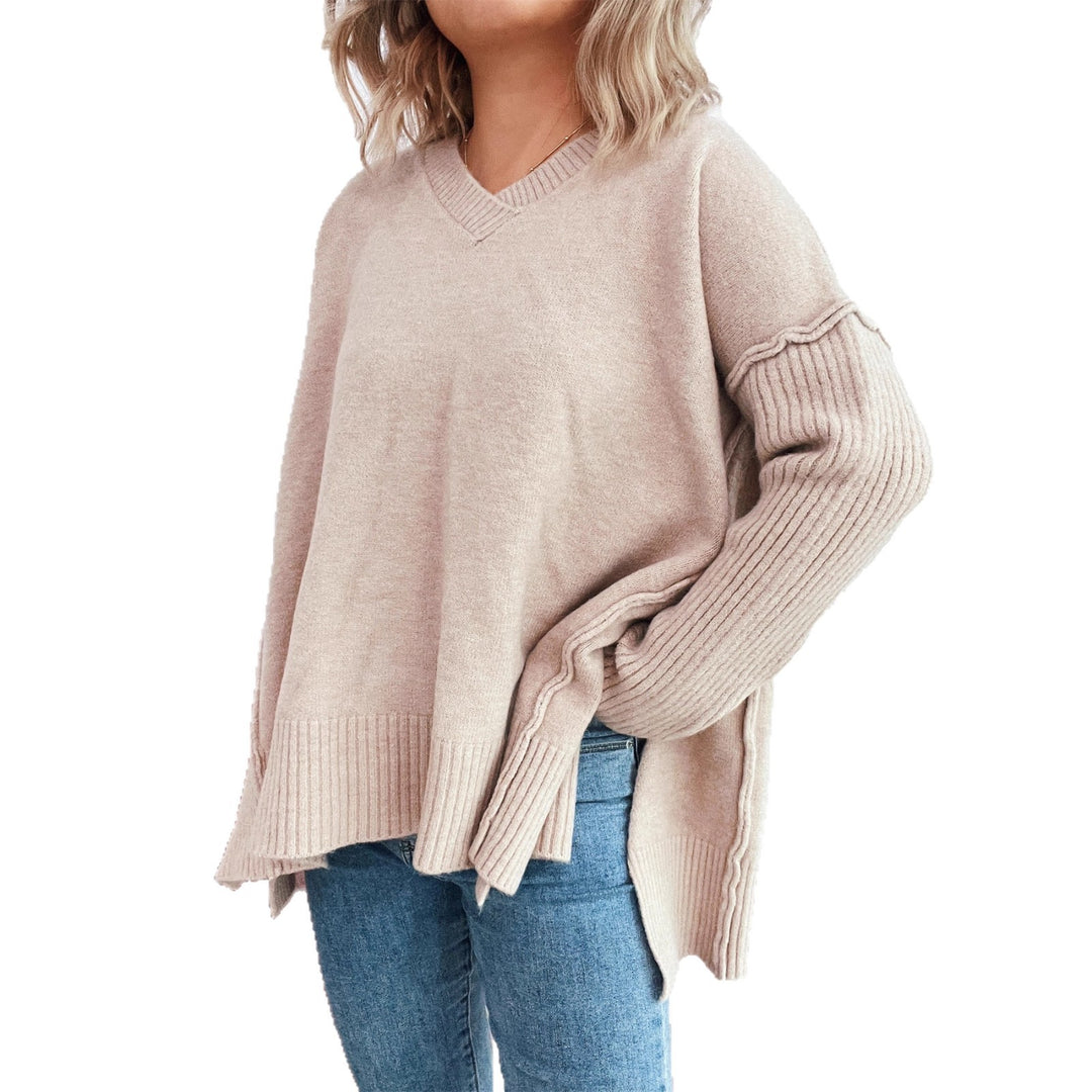 Damen lässiger V-Ausschnitt Pullover mit stylishen Rippdetails Heidi-Mode