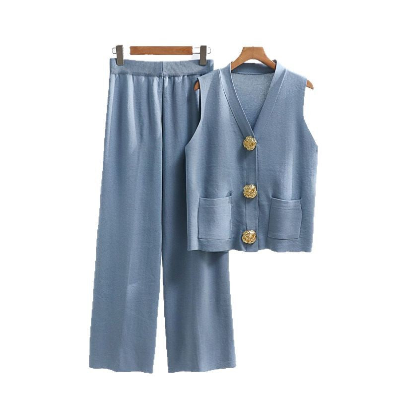 Damen elegantes Strick-Loungewear-Set mit Knopfdetaillierung Heidi-Mode